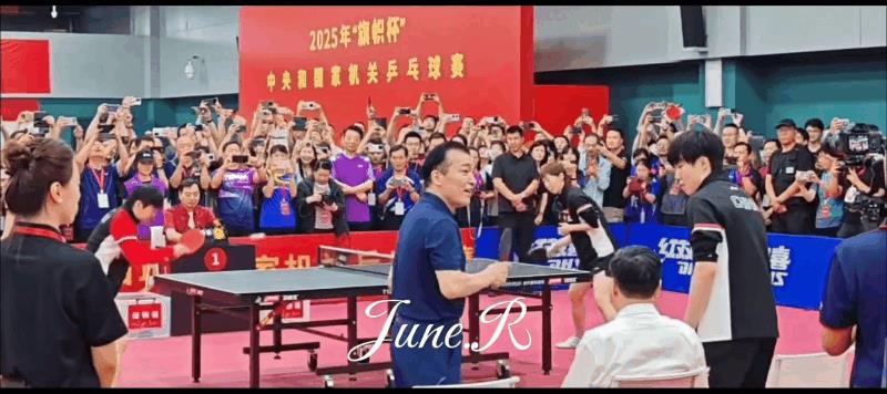 莎莎和王曼昱在后边儿正火拼球台呢，大头在前边儿跟领导们挨个合影忙得脚不沾地～再