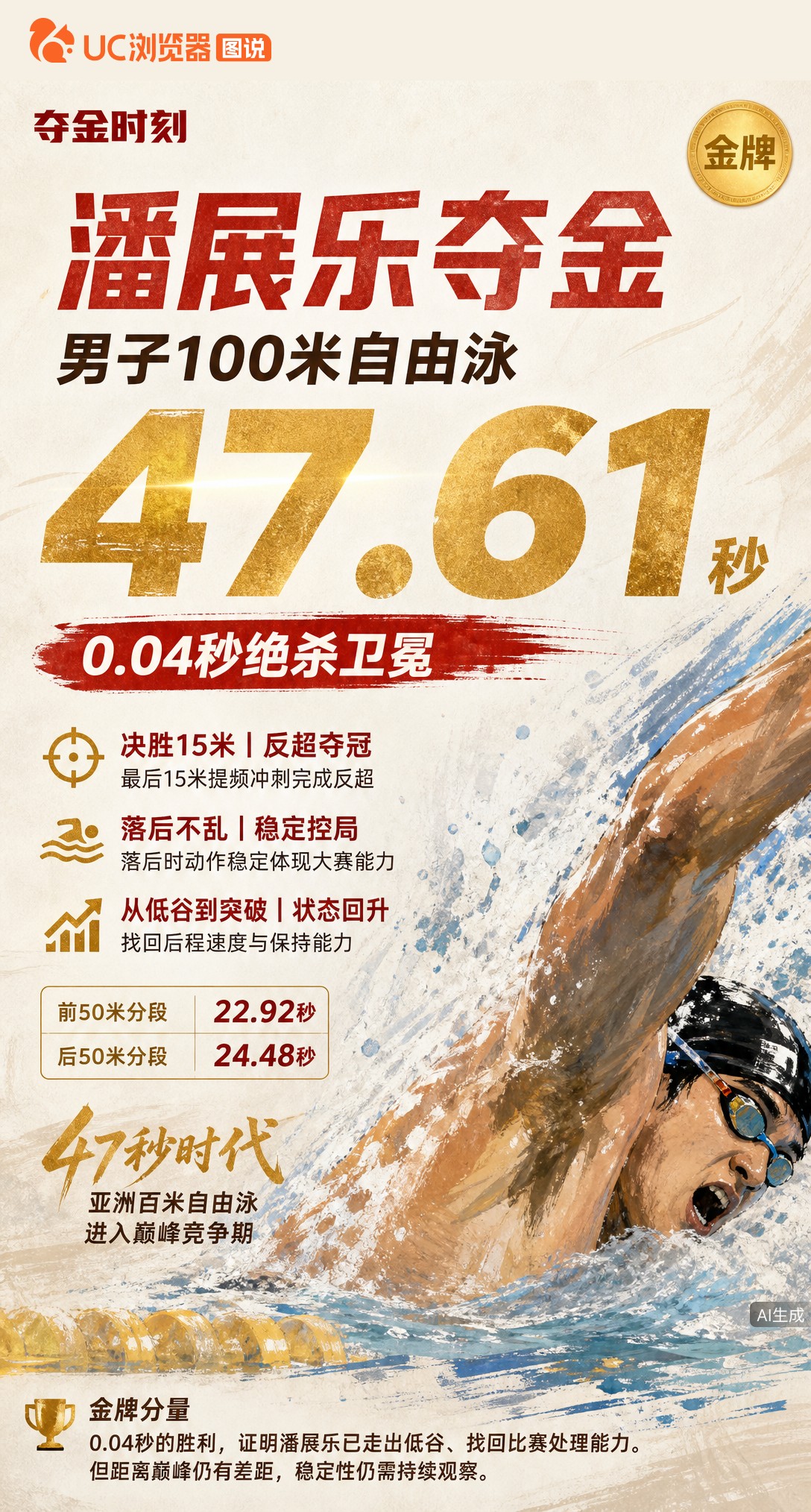 0.04秒极限反超！潘展乐47秒61卫冕男子100自，拿下中国代表团第8金。最后15米提速绝杀，从世