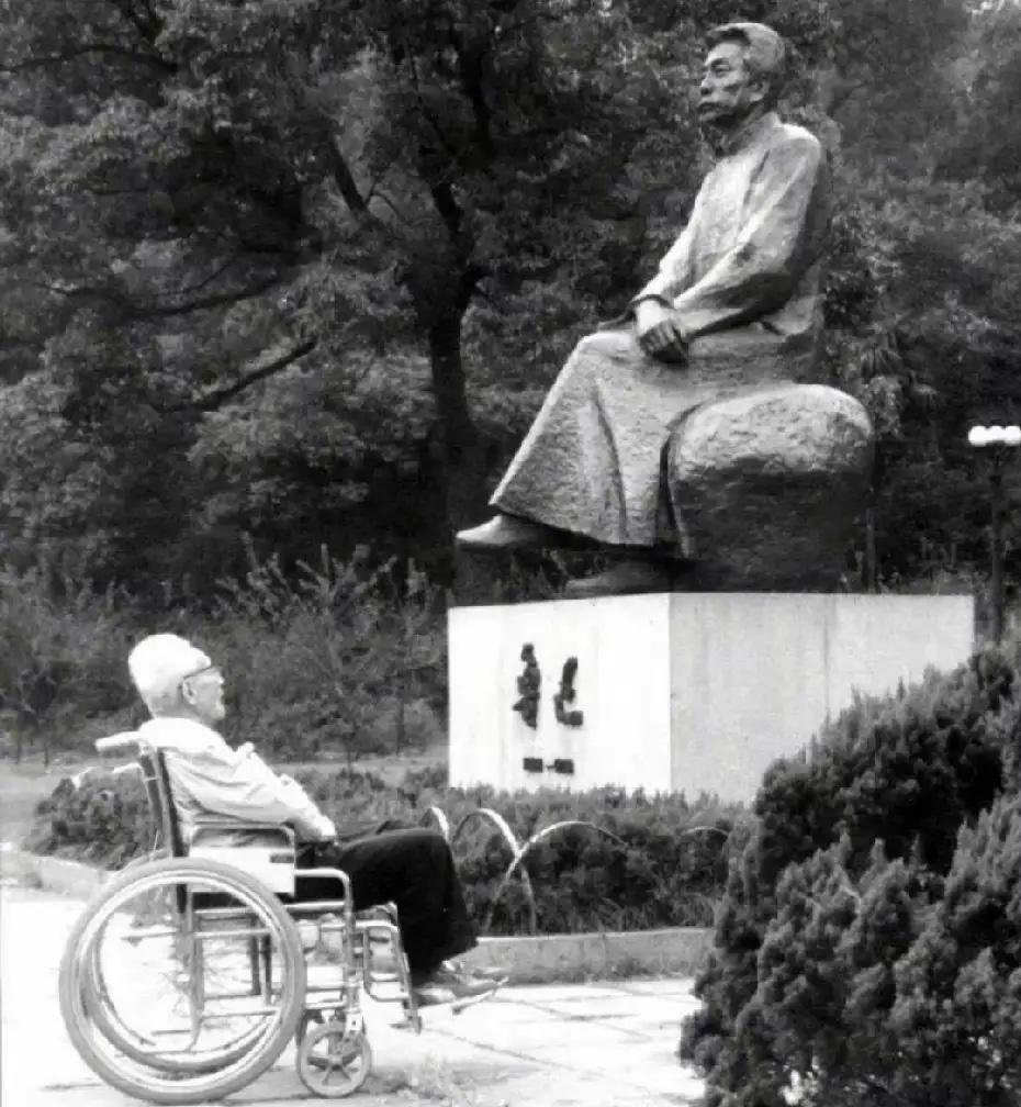 1995年，85岁高龄的巴金坐着轮椅，来到杭州鲁迅塑像前，久久凝视时的一幕，虽然