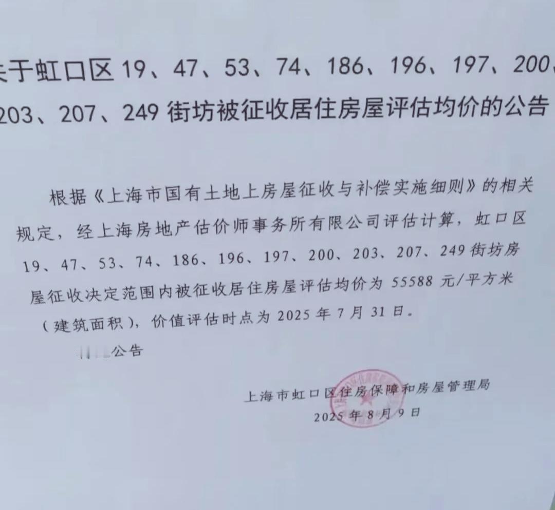 朋友们，虹口区零星地块旧改征收的十几个街坊出台房屋评估均价啦！最终的房屋评估