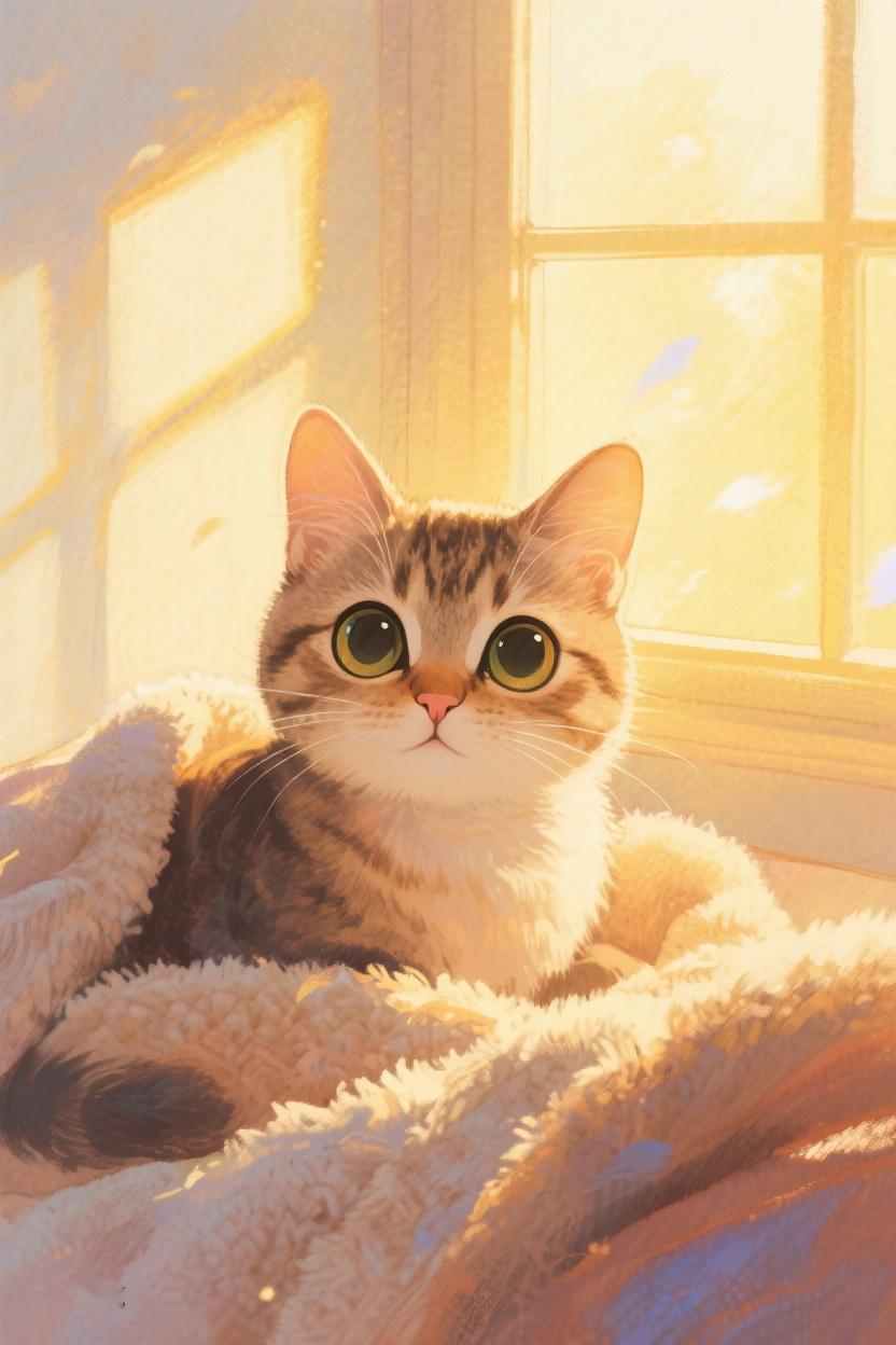 AI随心绘阳光温柔倾落，小猫安静蜷卧，在平凡角落，也藏着生活的惬意与恬淡✨