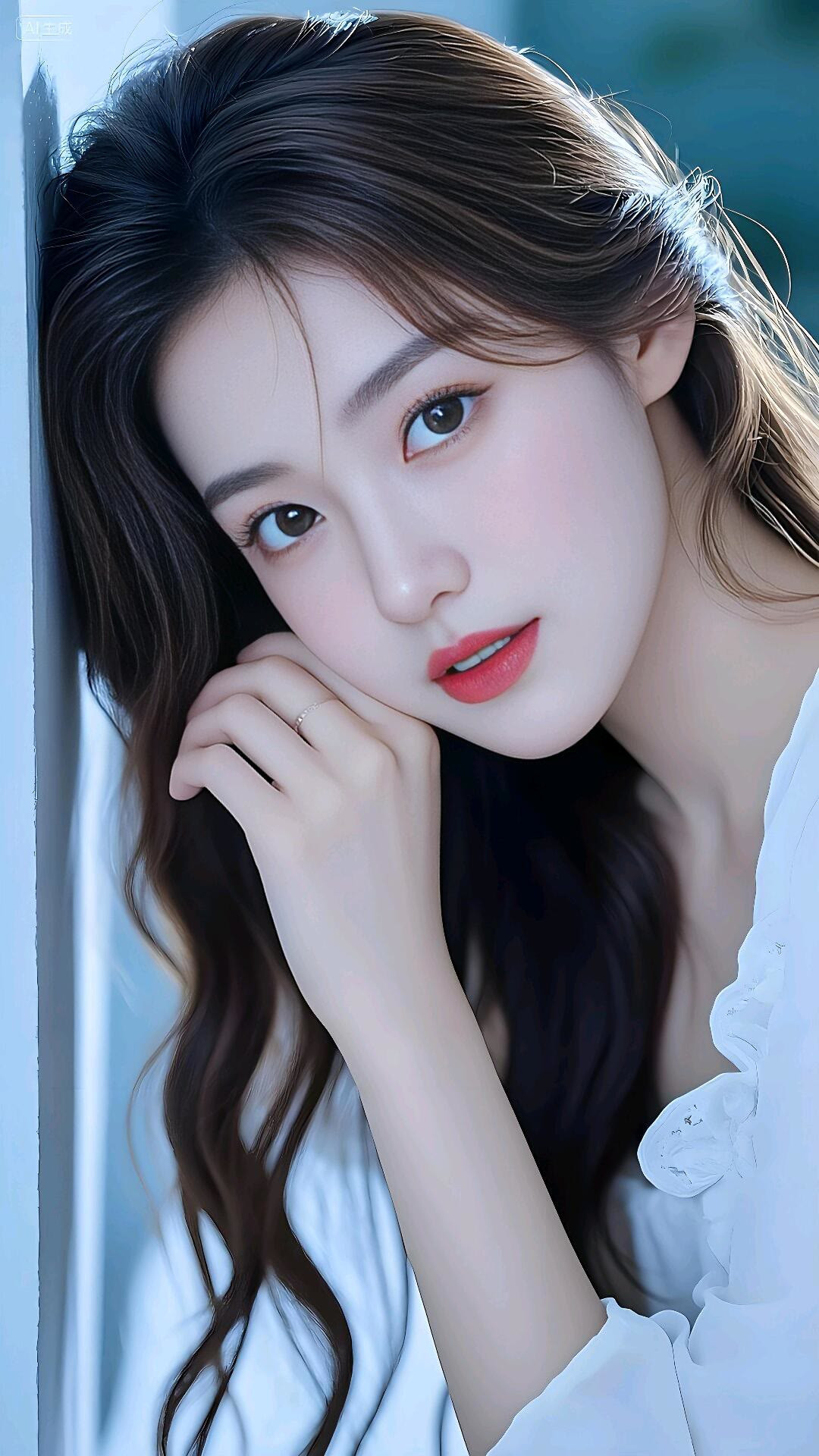 甜美少女风，温柔眼神，白皙肌肤，红唇轻启，优雅迷人。