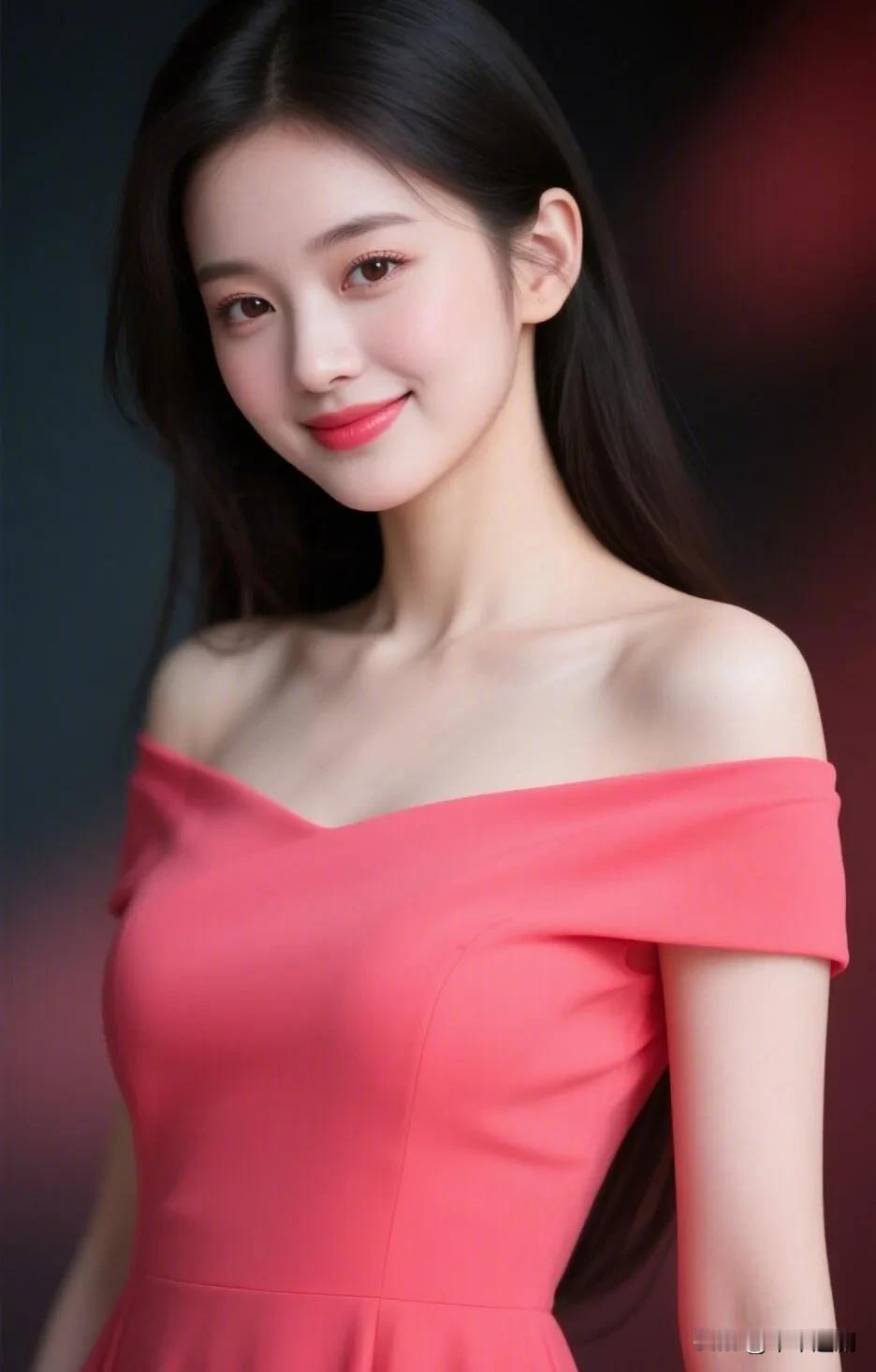 🎀一抹甜粉撞进眼底，露肩裙装衬得肩颈线条温柔又舒展，笑意里藏着不动声色的明艳