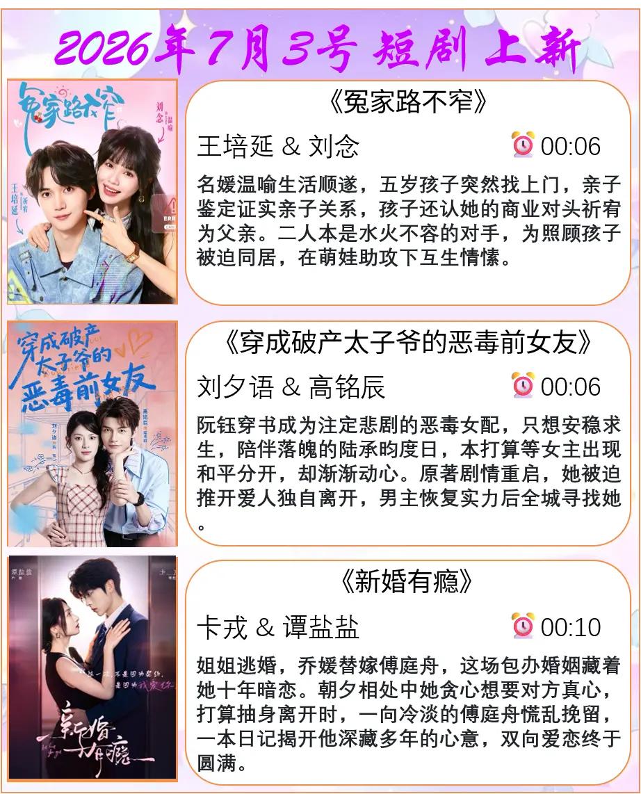 🔥📺2026年7月3日短剧上新清单🌟🔥1.《冤家路不窄》💞主演