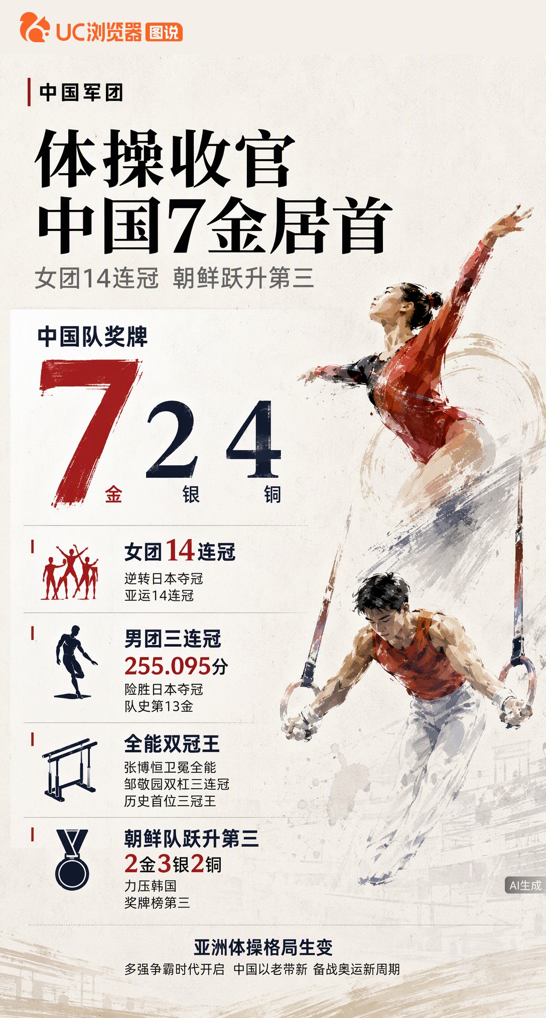 体操14金落袋！中国女团逆转日本豪取14连冠，男团险胜达成三连冠。但朝鲜队2金3银2铜力压韩国升至第