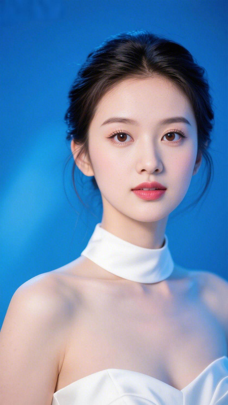 眸间温柔揽星河幽蓝的背景如静谧的深海铺展，白裙似流云轻覆肩头，颈间的白缎衬