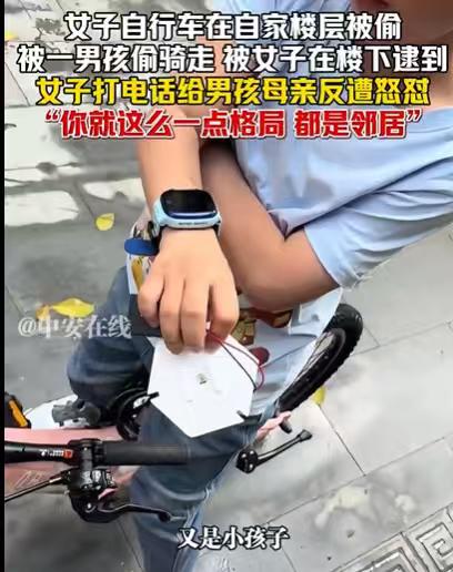 广东，女子把自行车放在自家楼层下，被一个男孩偷走了，女子找了一天，终于逮住这个男