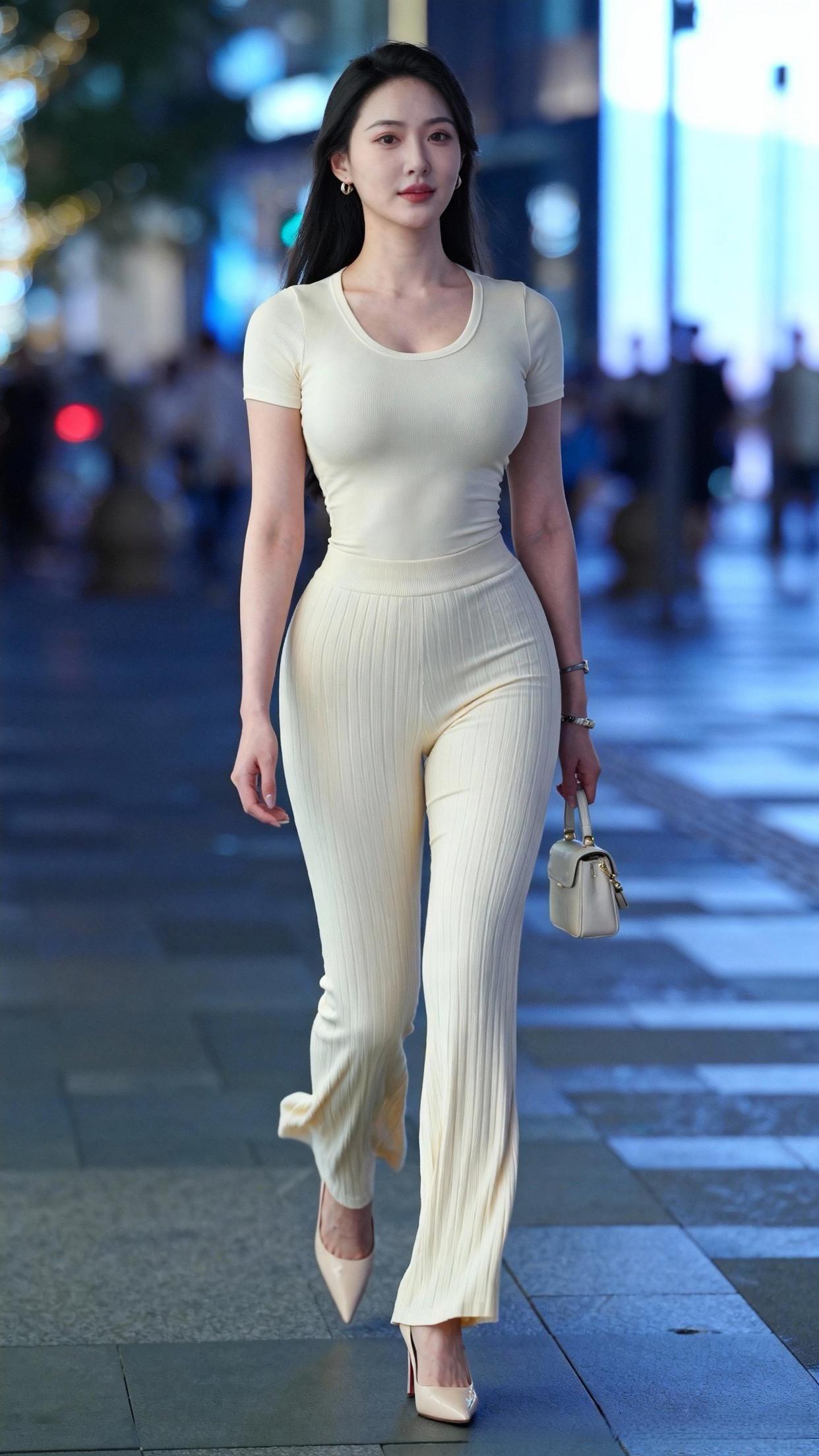 都市夜色下的优雅穿搭，米色紧身裤搭配高跟鞋，尽显时尚魅力！👠✨