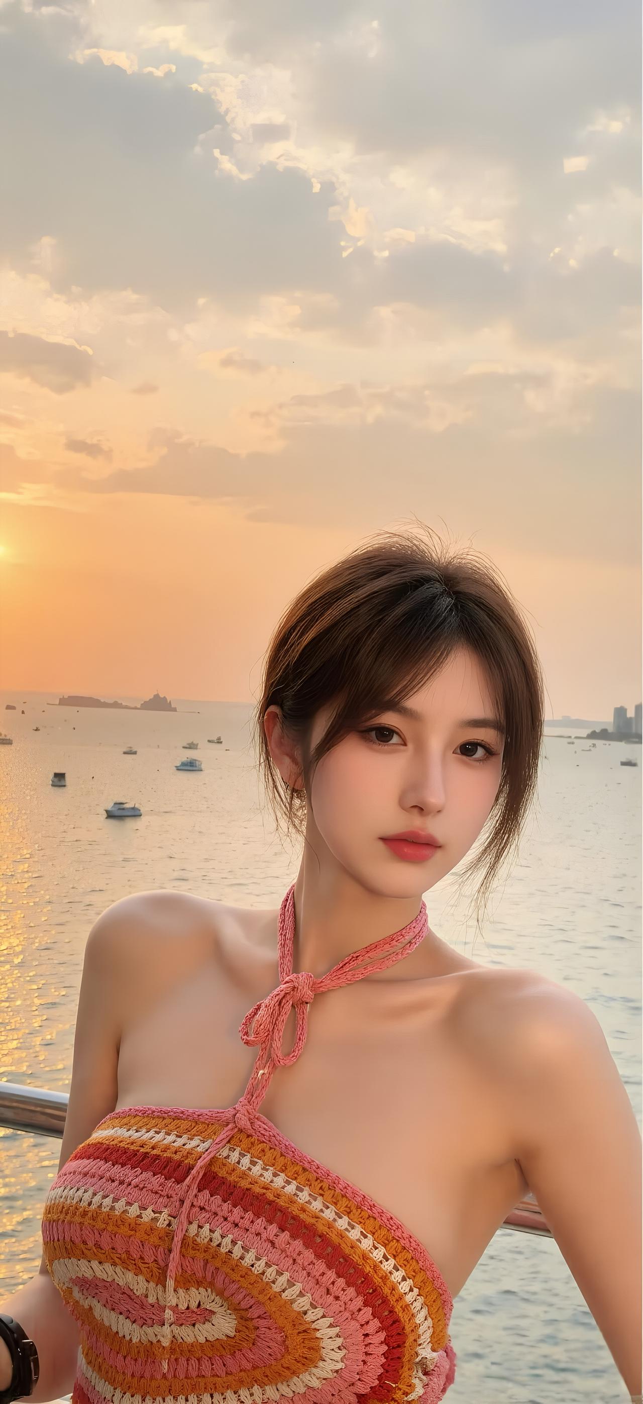 海边日落。海边花海少女美女，日落