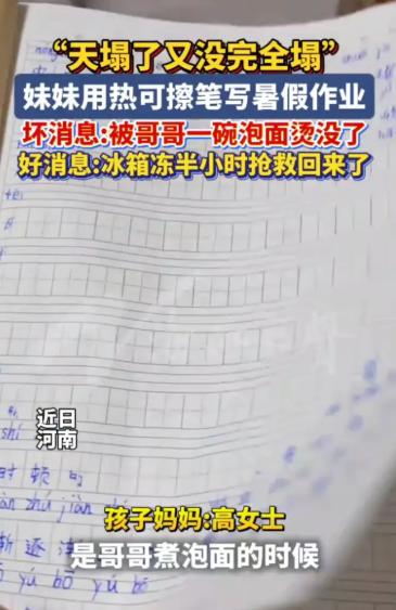 “天塌了又没完全塌！”河南，小女孩熬了整整一个暑假，终于赶完所有作业，满心欢喜等