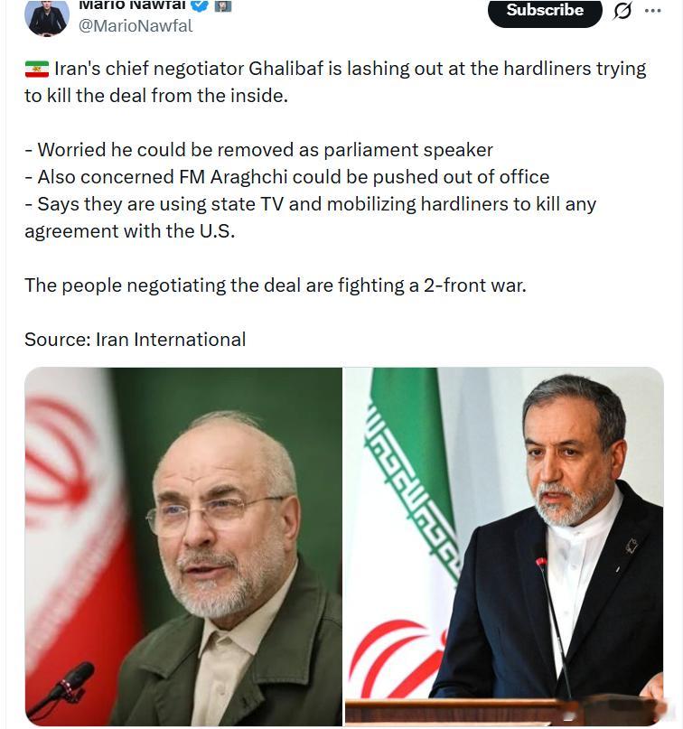 伊朗首席谈判代表加利巴夫正在猛烈抨击那些试图从内部破坏协议的强硬派。•他担心自