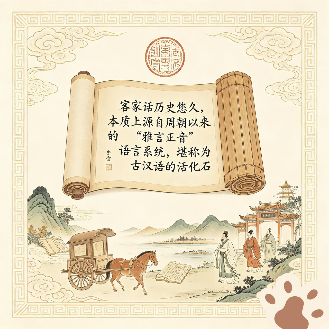 客家话很古老，是汉语活化石。其语音和词汇，保留了自周朝以降的关中雅言、河洛雅言，