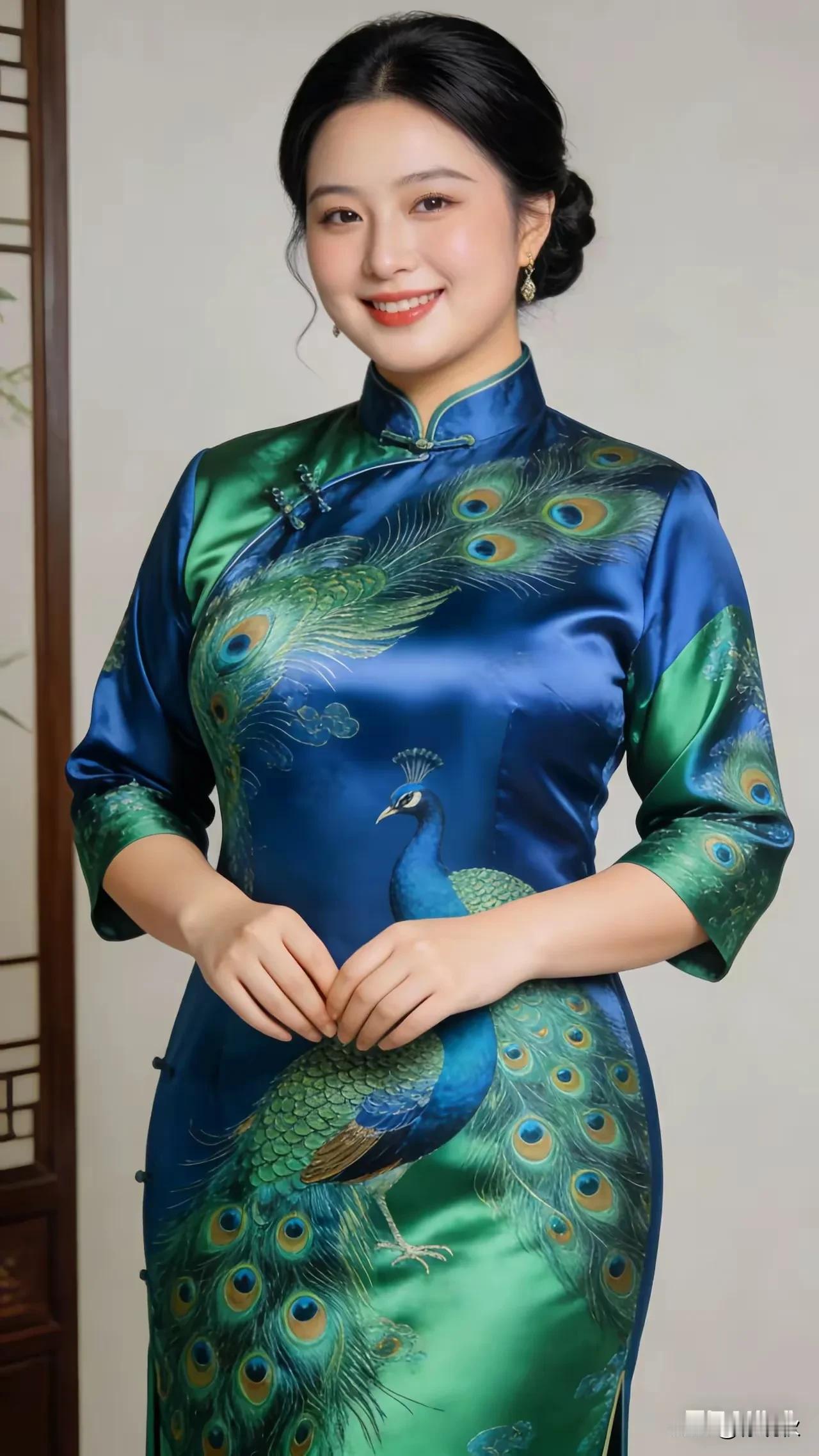 旗袍之美，绿色凤凰七分之袖，移不开眼色彩搭配，一缕海风蓝绿碰撞，祥瑞高雅