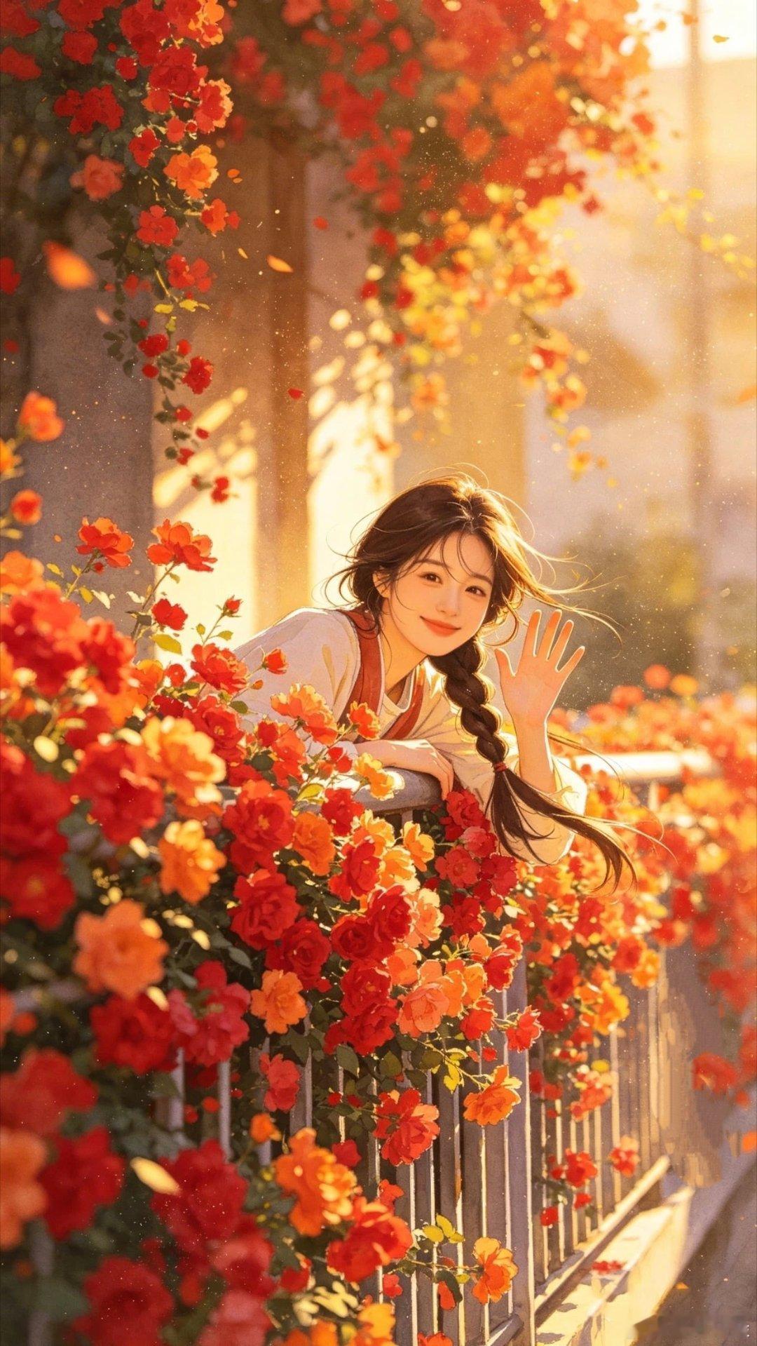 秋季阁楼围栏花海治愈系插画壁纸​​​
