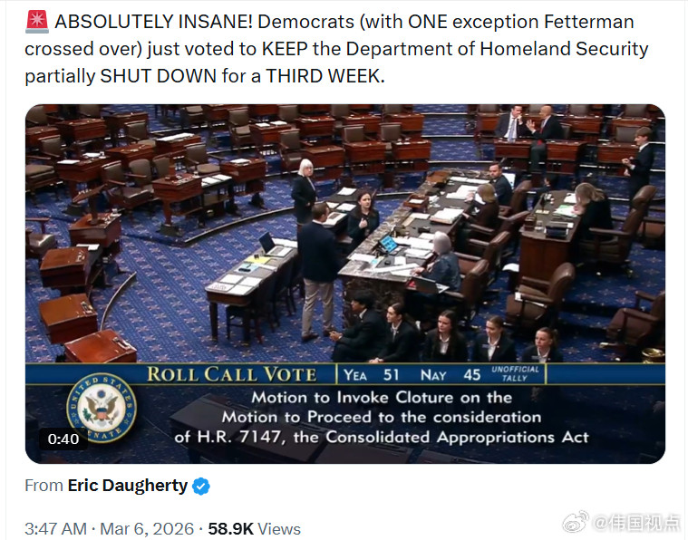 民左党人（唯一的例外是约翰·费特曼）刚刚投票决定，让国土安全部部分关闭进入第三周