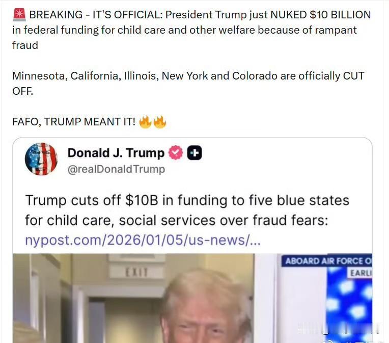 特朗普总统切断向五个“蓝州”提供的100亿美元托幼及社会服务资金。明尼苏达州