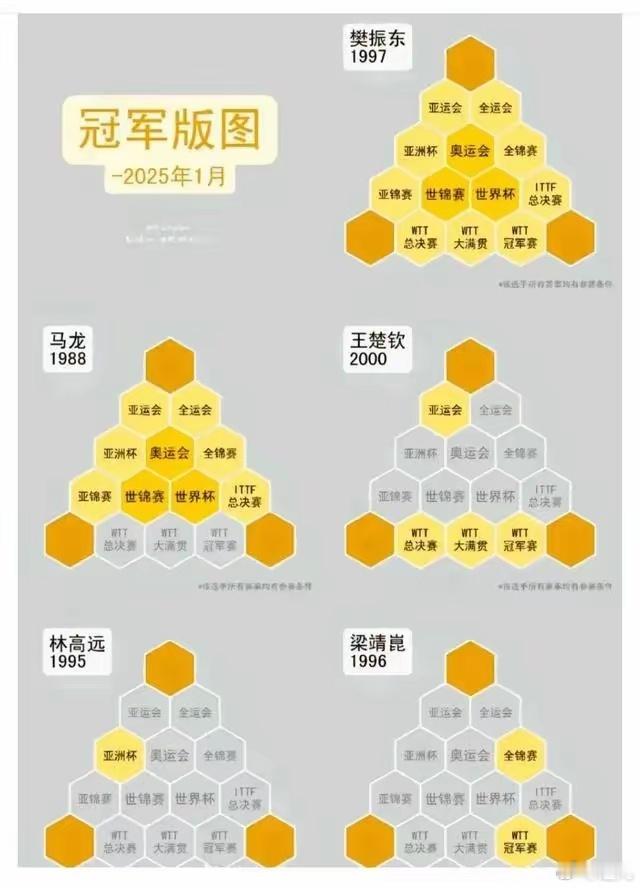 这个冠军图，只有樊振东集齐了12个冠军，王楚钦还差7个。这张冠军图标是2025年