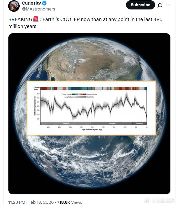 地球的温度比过去4.85亿年中的任何时候都要低。