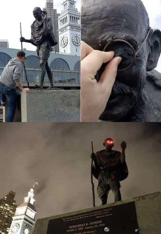 2019年，有人在旧金山渡轮广场的甘地雕像上放置了激光眼，将他变成了漫画书中超级