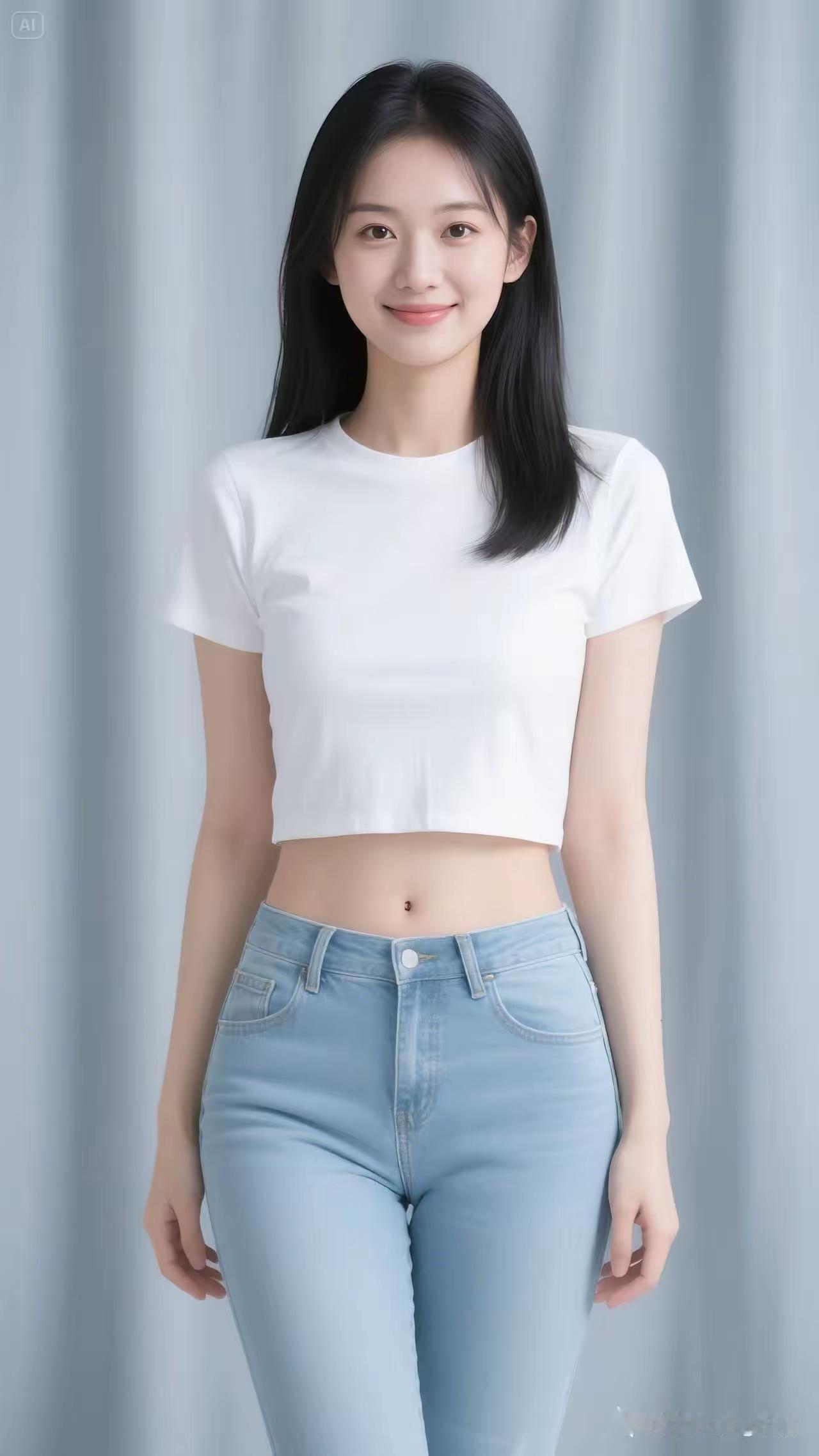 穿白T恤和牛仔裤，微笑的女孩。