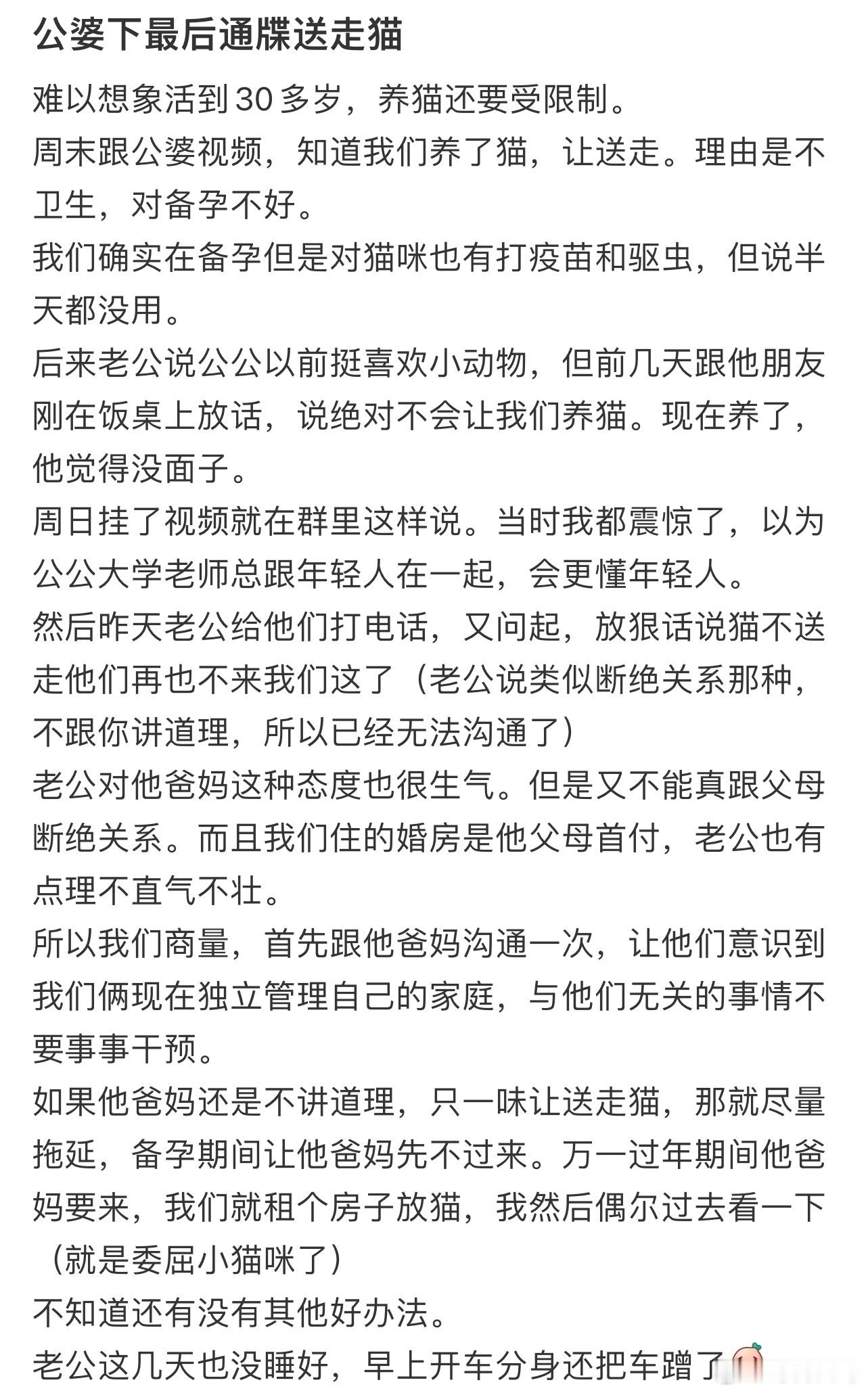 公婆下最后通牒送走猫
