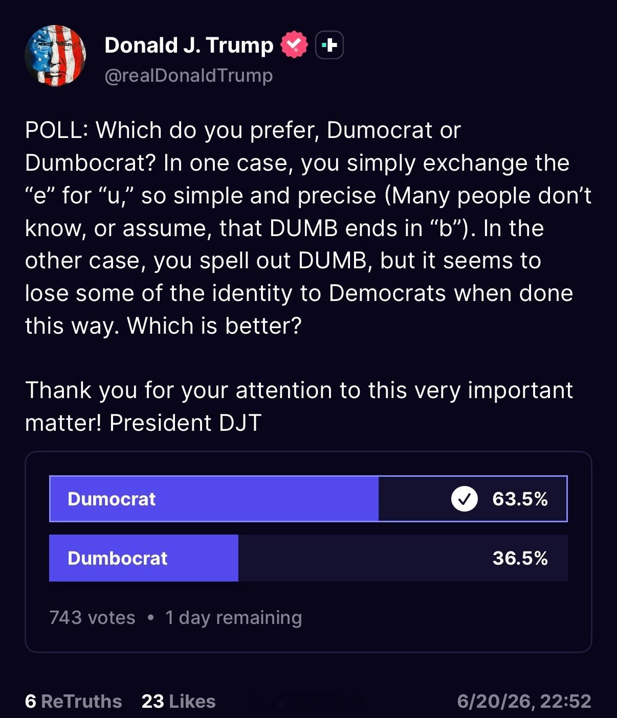 特朗普发出“民主党蠢货”单词拼写投票投票：你更喜欢“Dumocrat”还是“Du