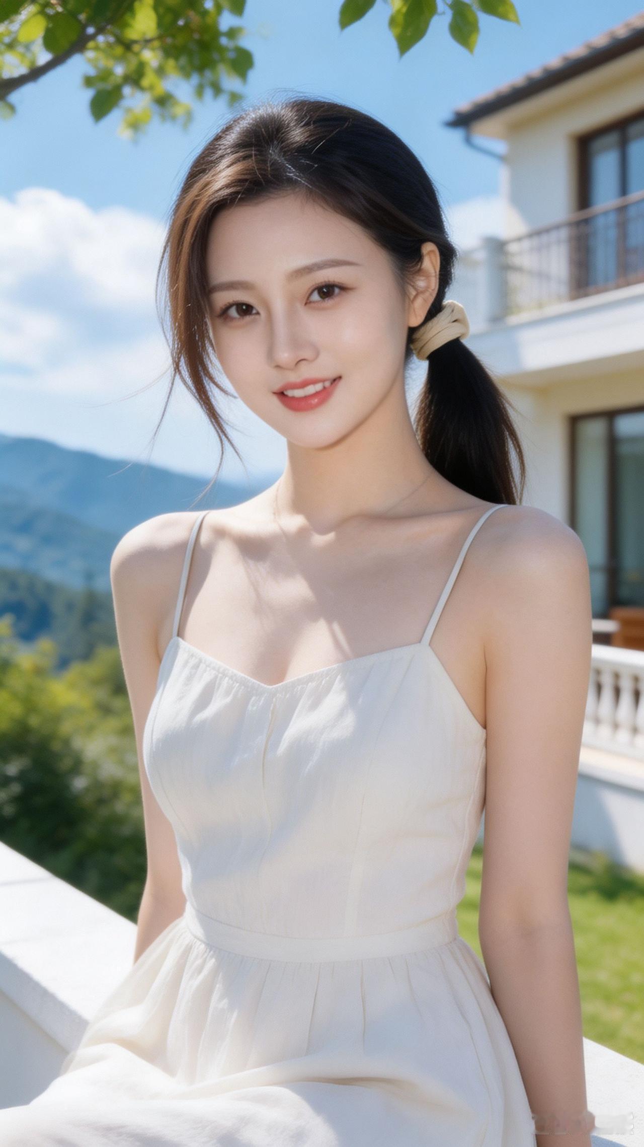 阳光明媚，她微笑着坐在阳台上。