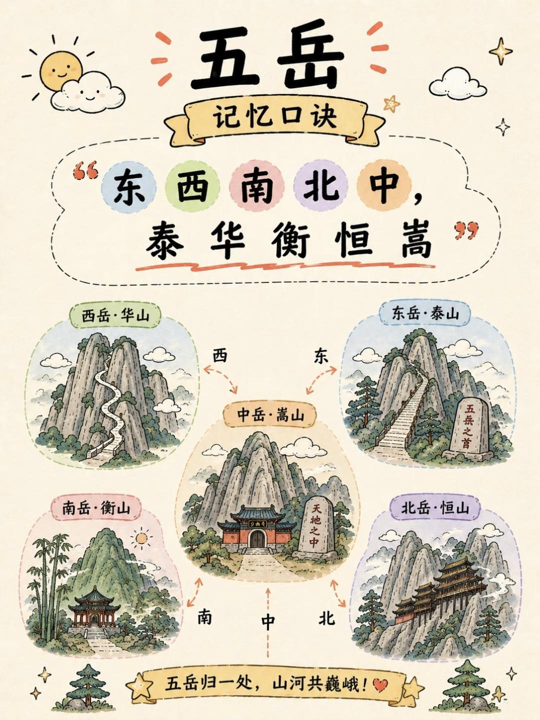 五岳东岳泰山、西岳华山、南岳衡山、北岳恒山、中岳嵩山1. 东岳泰山（