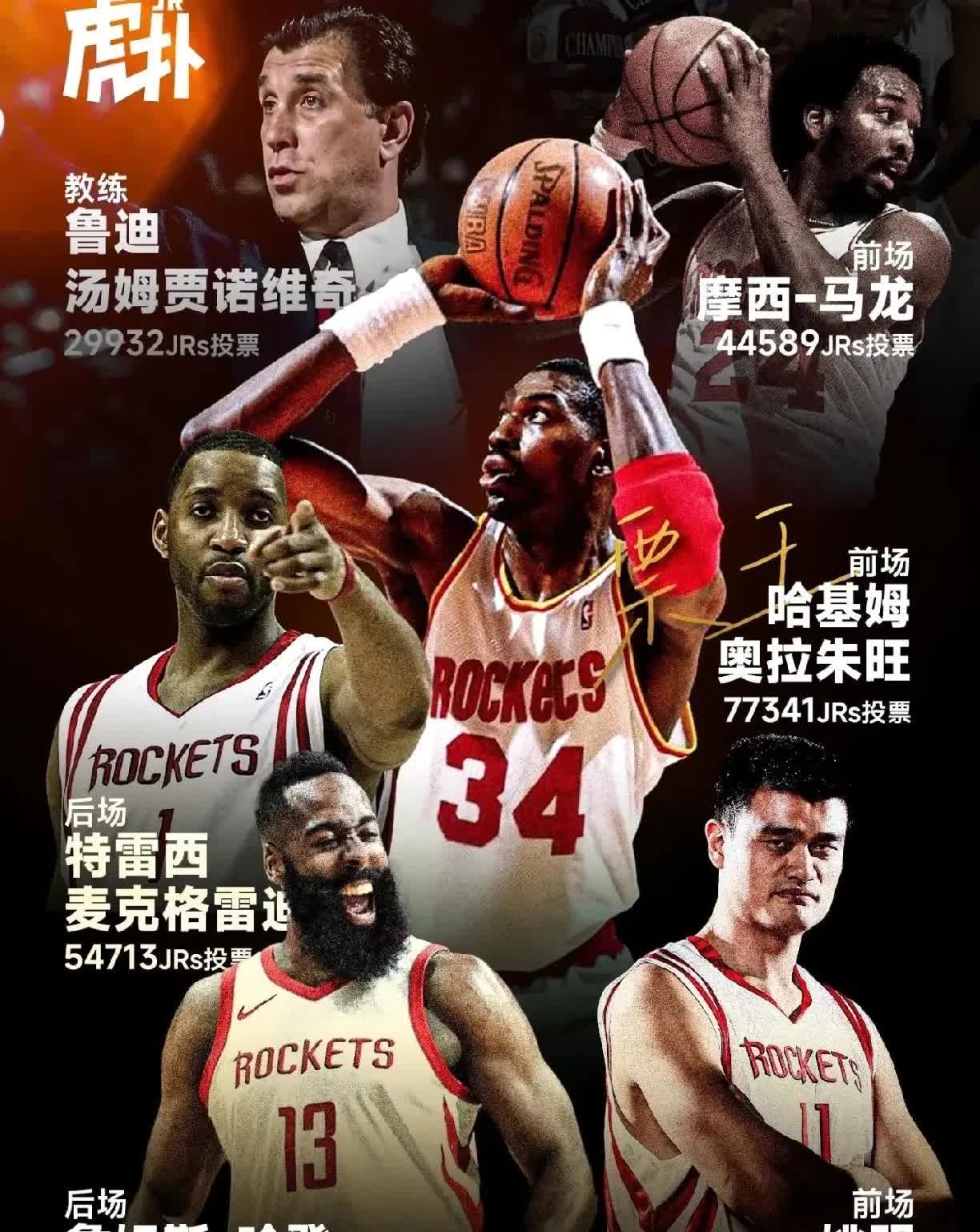 麦迪，姚明就算了吧，毕竟也都没把火箭带到过什么高度！在我心中，最佳阵容如下：