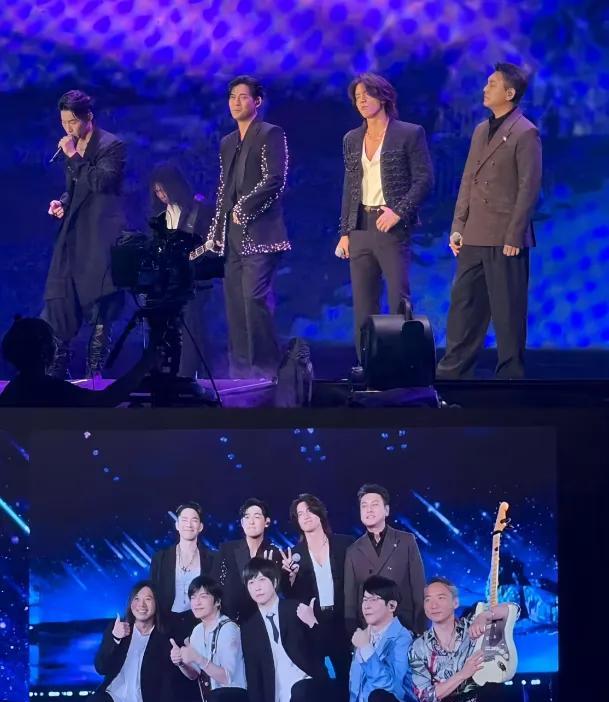 朱孝天默默站到了最右边。2023年江苏卫视春晚后台，久违的F4合体彩排。当镜头