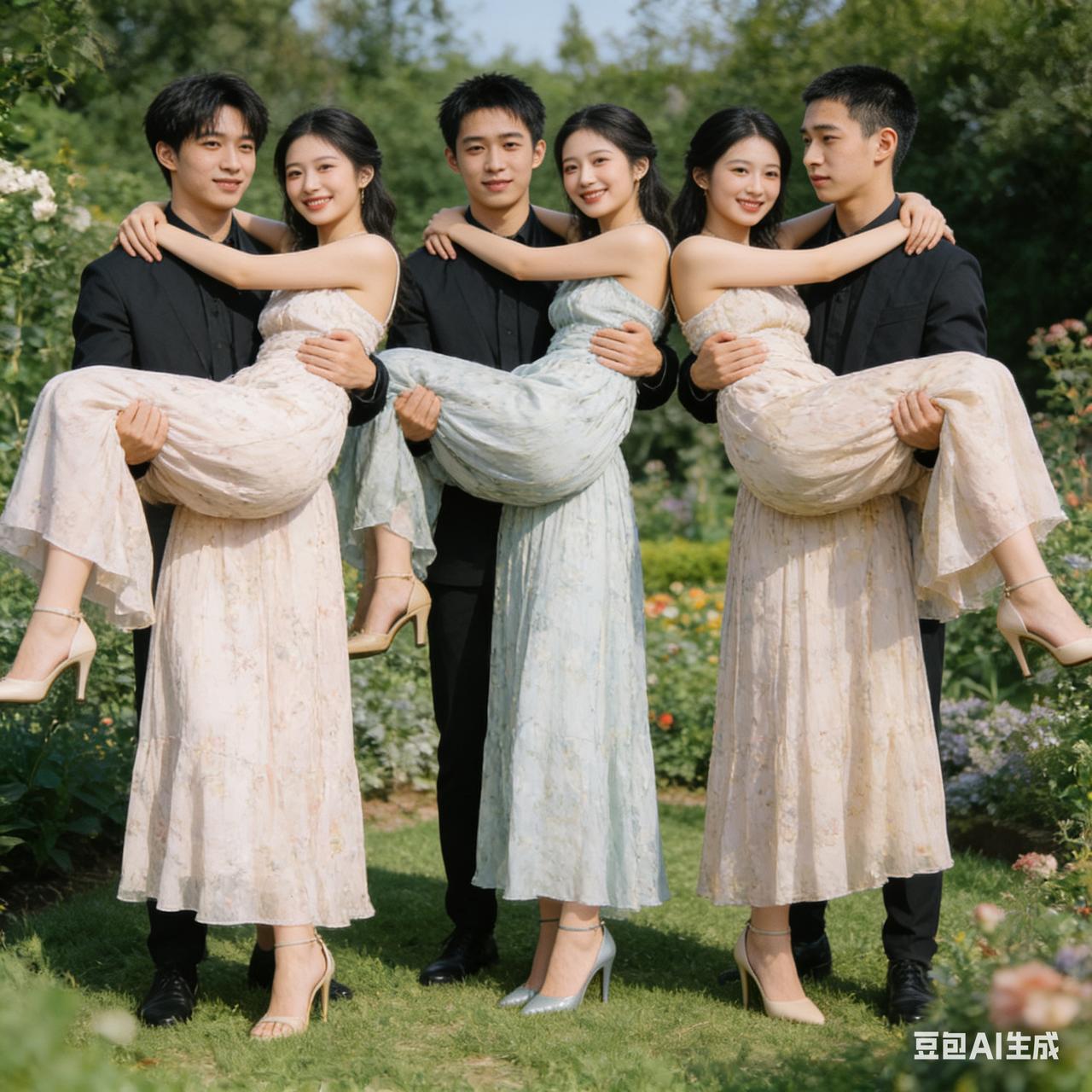 三对情侣在花园里合影，好浪漫！情侣公园合影情侣草坪合影新时代浪漫照值得大家