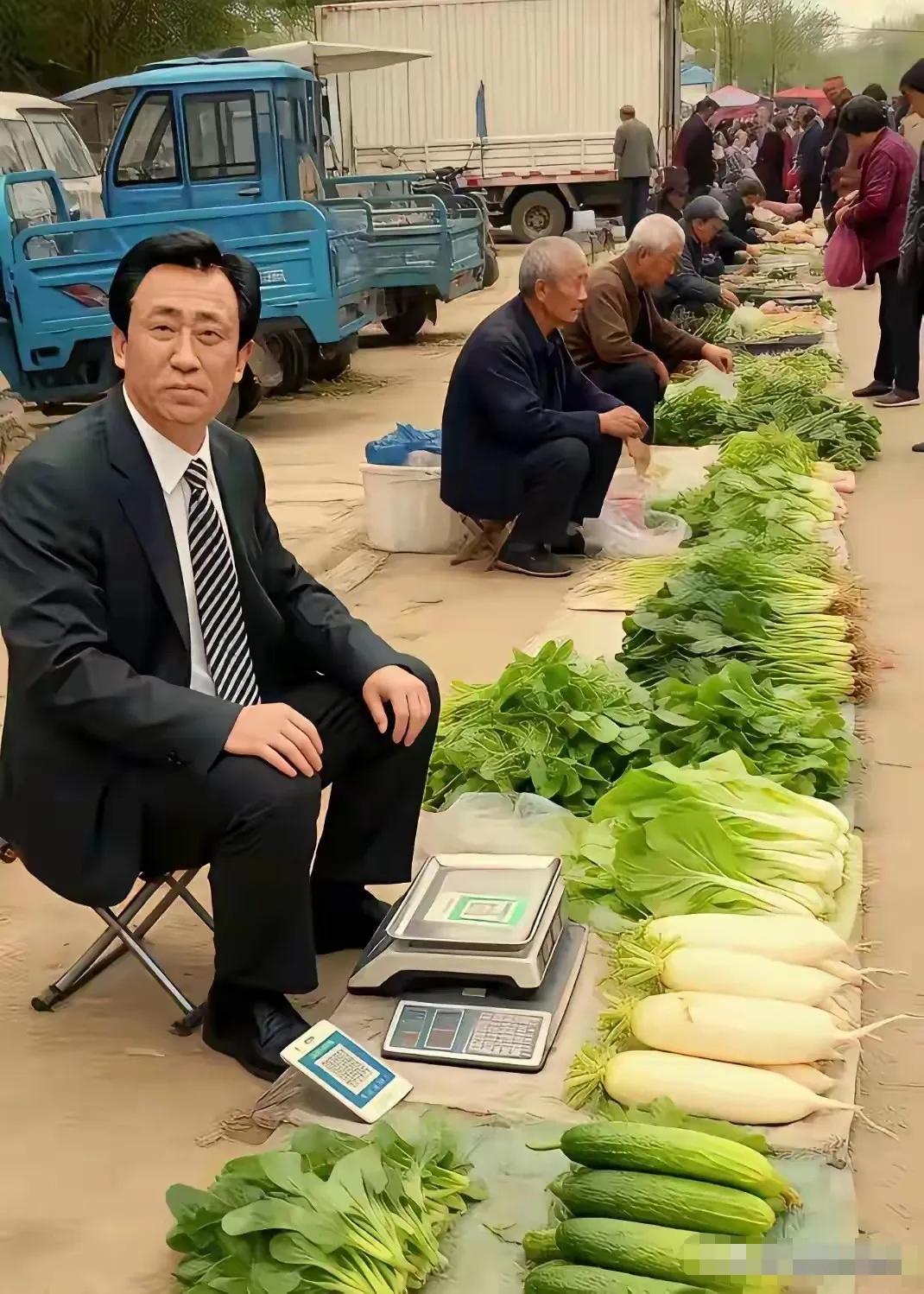 都冷落到去摆摊了，还打扮得这么整齐干嘛。一身名牌，西装笔挺，皮鞋锃亮，头发梳得连