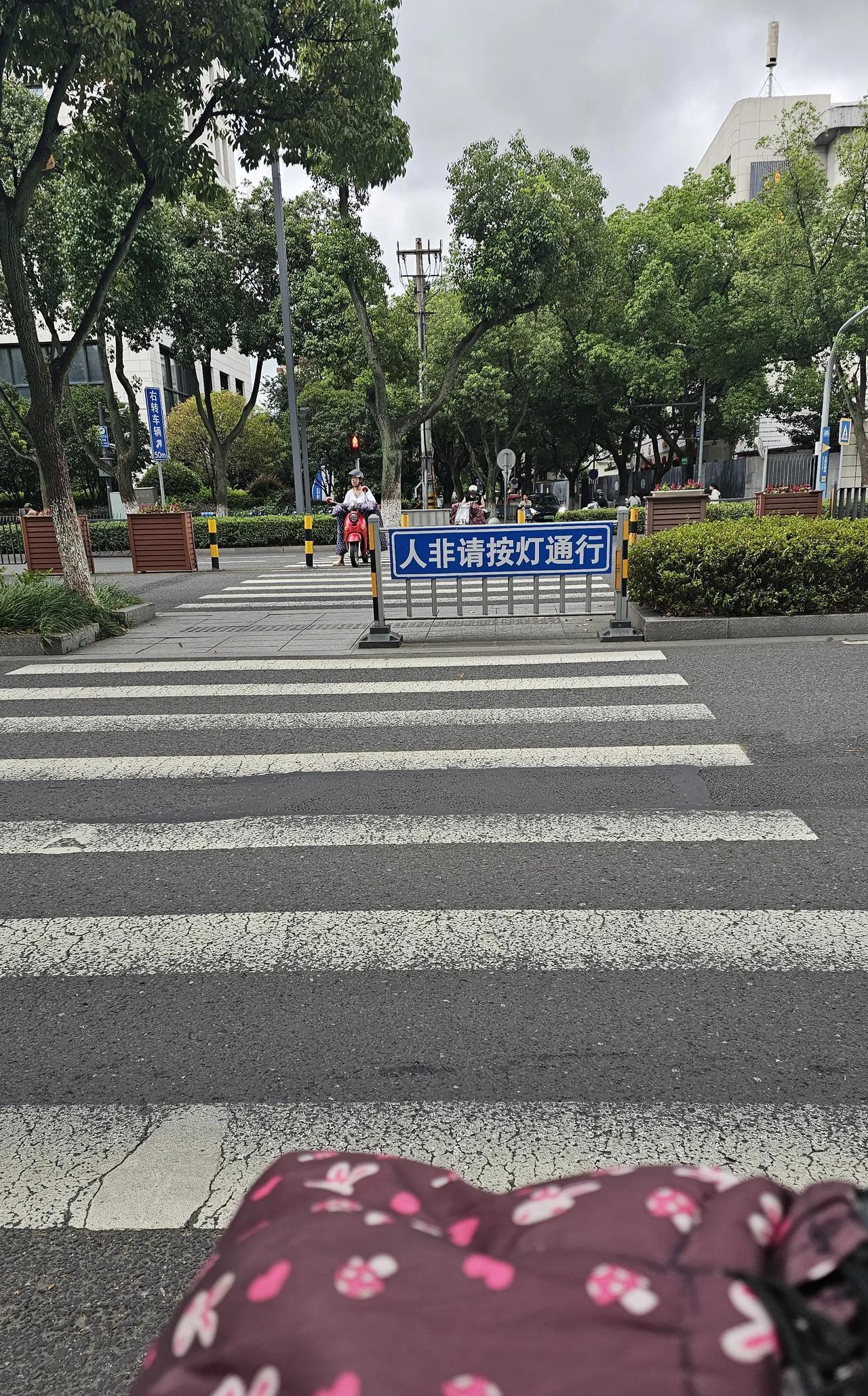 我书读的少，不懂斑马线中间的牌子写的这是什么意思？懂的，能帮我解释一下吗