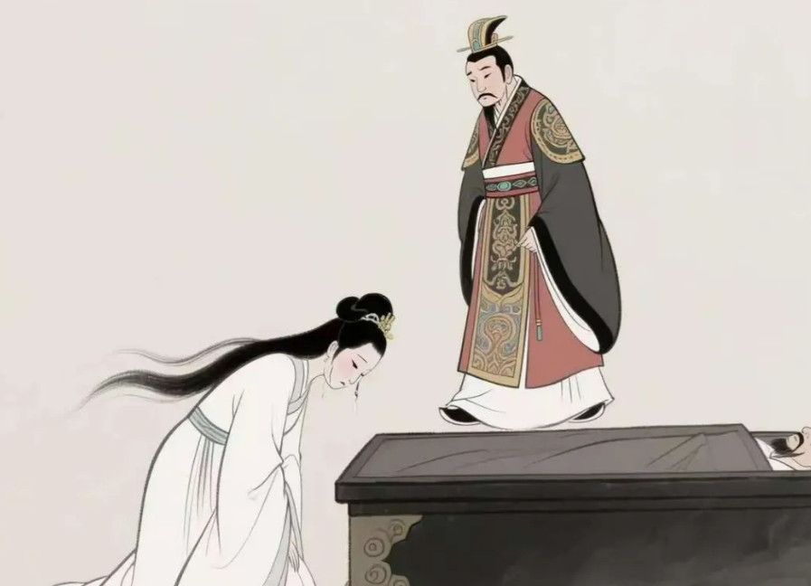 北齐皇帝高洋听说大臣崔进死了，来到他的棺椁前，其妻李氏跪伏在地，素衣如雪，美得凄