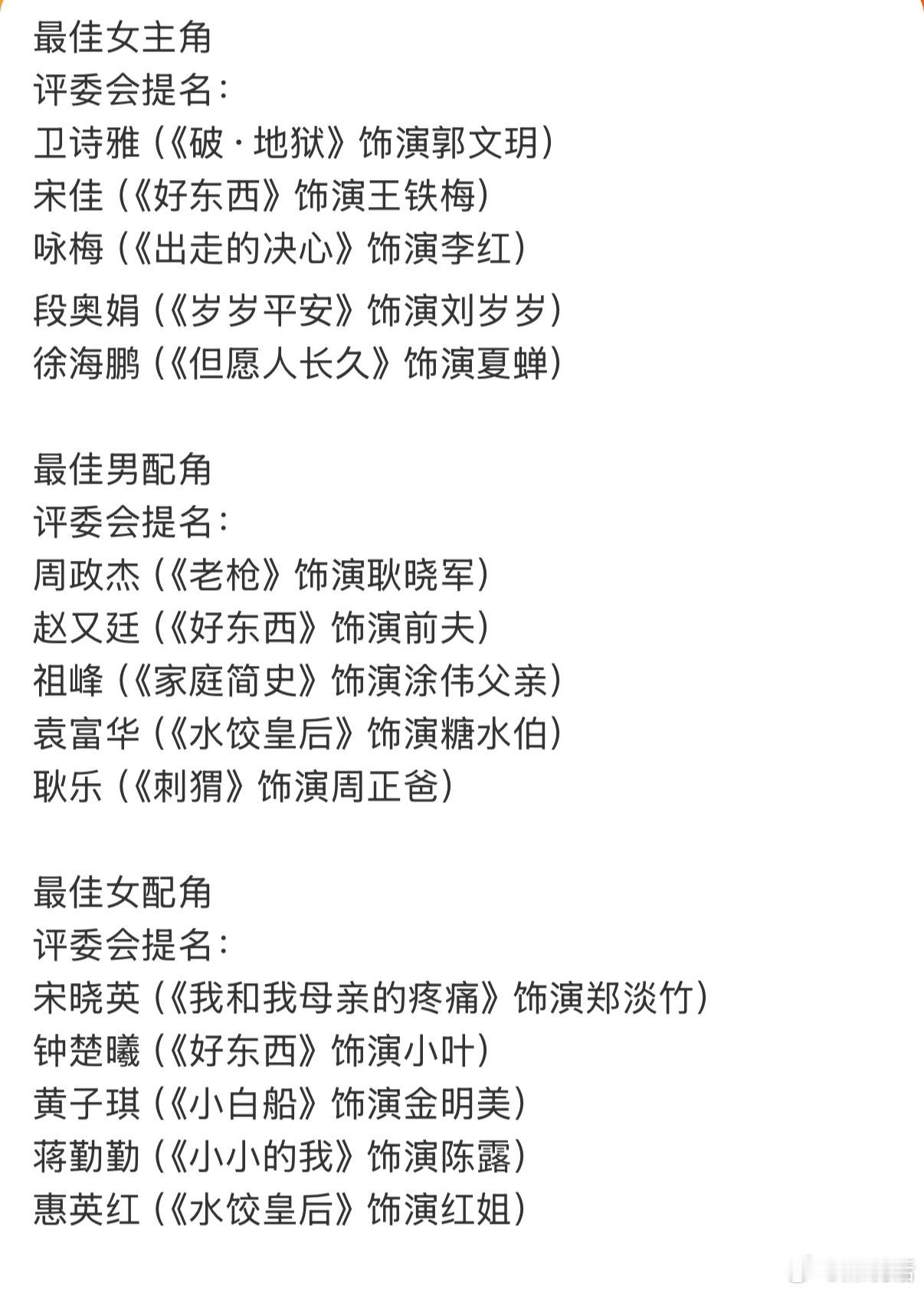不出所料，杨幂颗粒无收。《长安的荔枝》《酱园弄》两个女配都没有入围本届金鸡奖提名