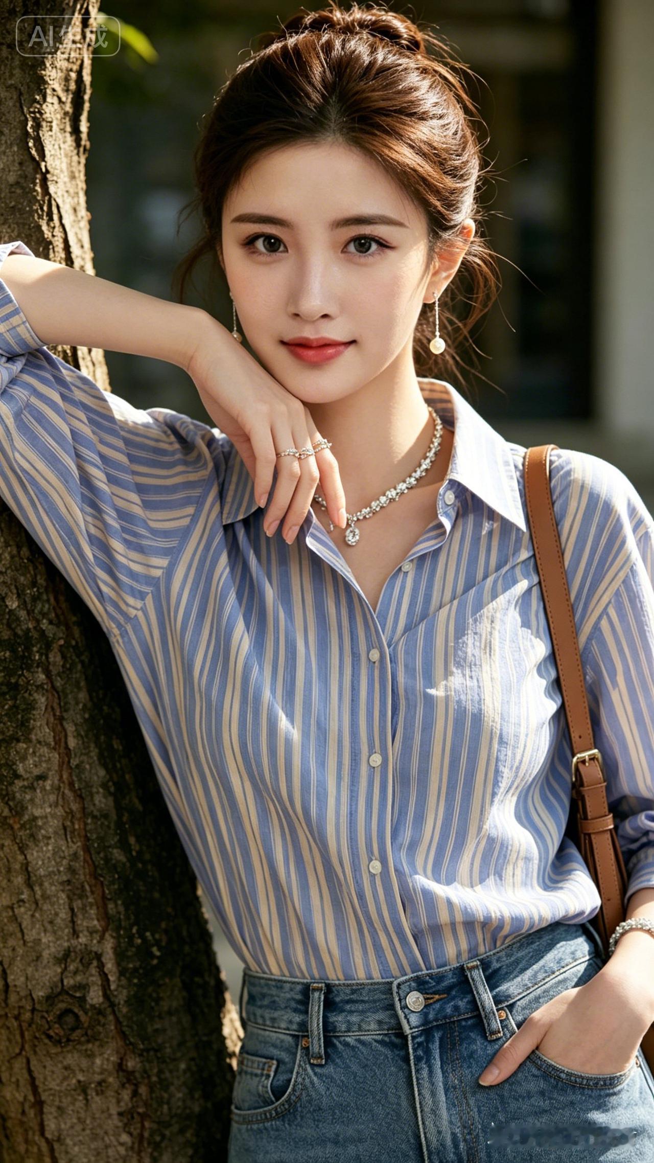 清新条纹衬衫+牛仔裤，简约时尚，轻松出街！👗👖👠