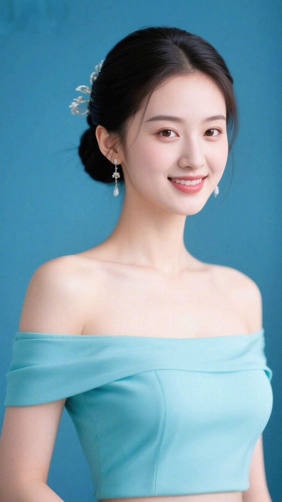 《青蓝间的柔雅春息》她立在清透的青蓝背景里，露肩衣装舒展妥帖，像把春涧的浅