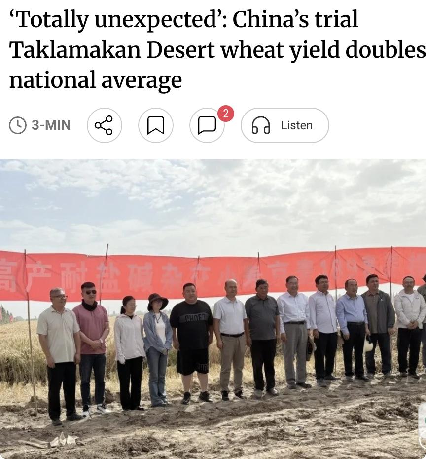 外媒：中国科研团队在塔克拉玛干沙漠的试验麦田取得惊人成果由北京市农林科学院培