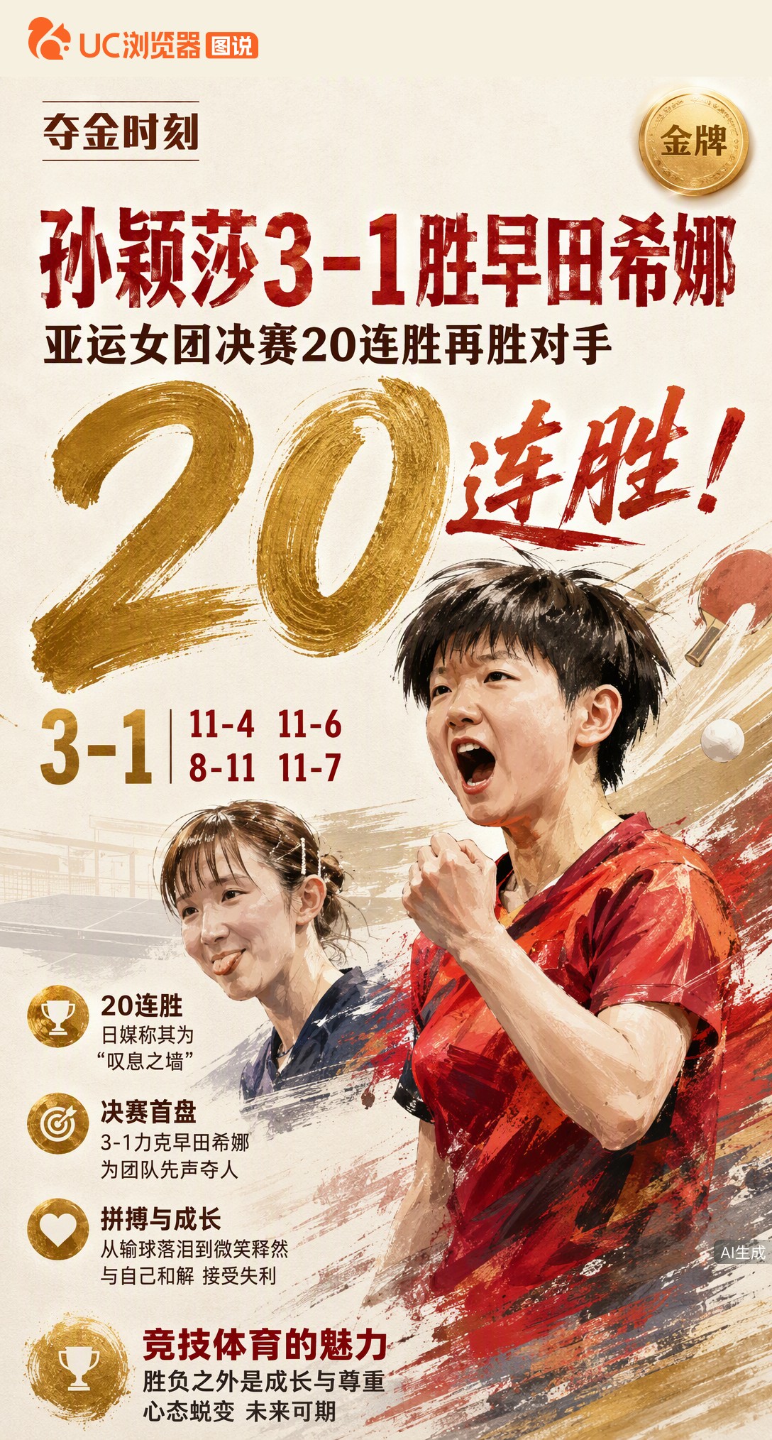 亚运女团决赛孙颖莎3-1胜早田希娜，助中国队拿下金牌。交手20连胜被日媒称为叹息之墙，早田搏杀赢一局