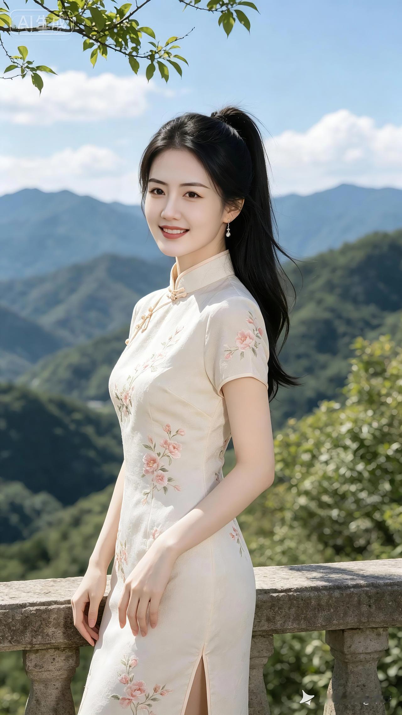 层叠青山染翠色，遥接云天色相融。丽人身着旗袍立，静倚石栏意态慵。高束秀发明妍