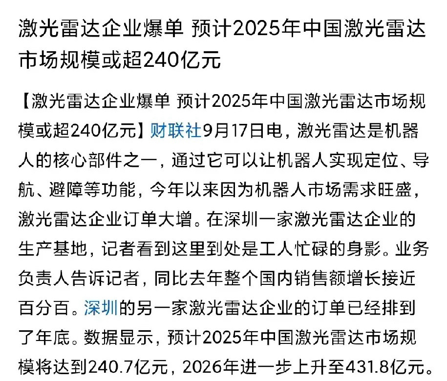 激光雷达领域综合分析及收益概念股TOP20梳理！一、行业核心逻辑与市场前景激光