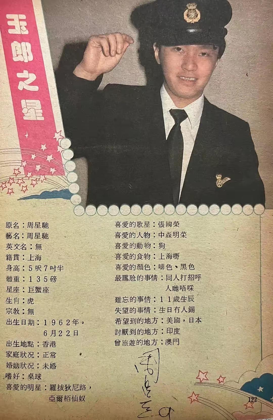 90年代娱乐杂志刊登的周星驰个人档案：1，身高：1.72cm2，生日：6月2