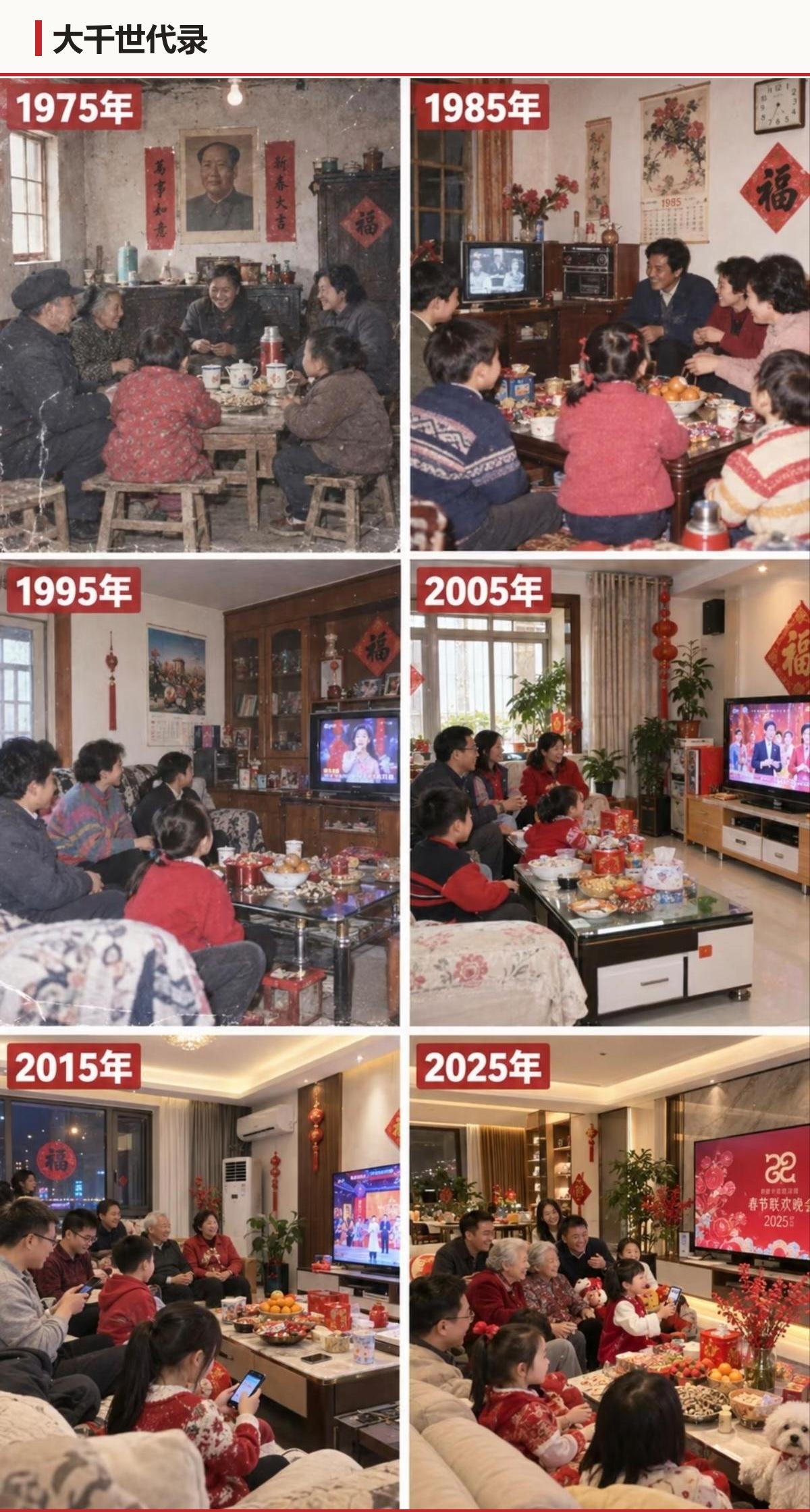 同样是大年三十，同样是一家人。六张照片隔十年一张，50年过去，客厅里变的东西比人
