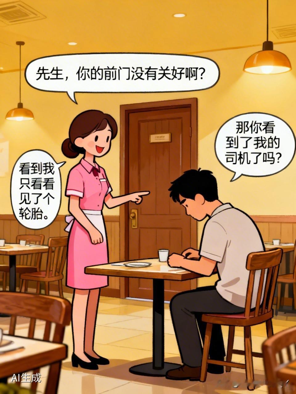 有个男人到饭店吃饭，突然美女服务员含情脉脉地对他说：“先生，你的前门没关好哦。”