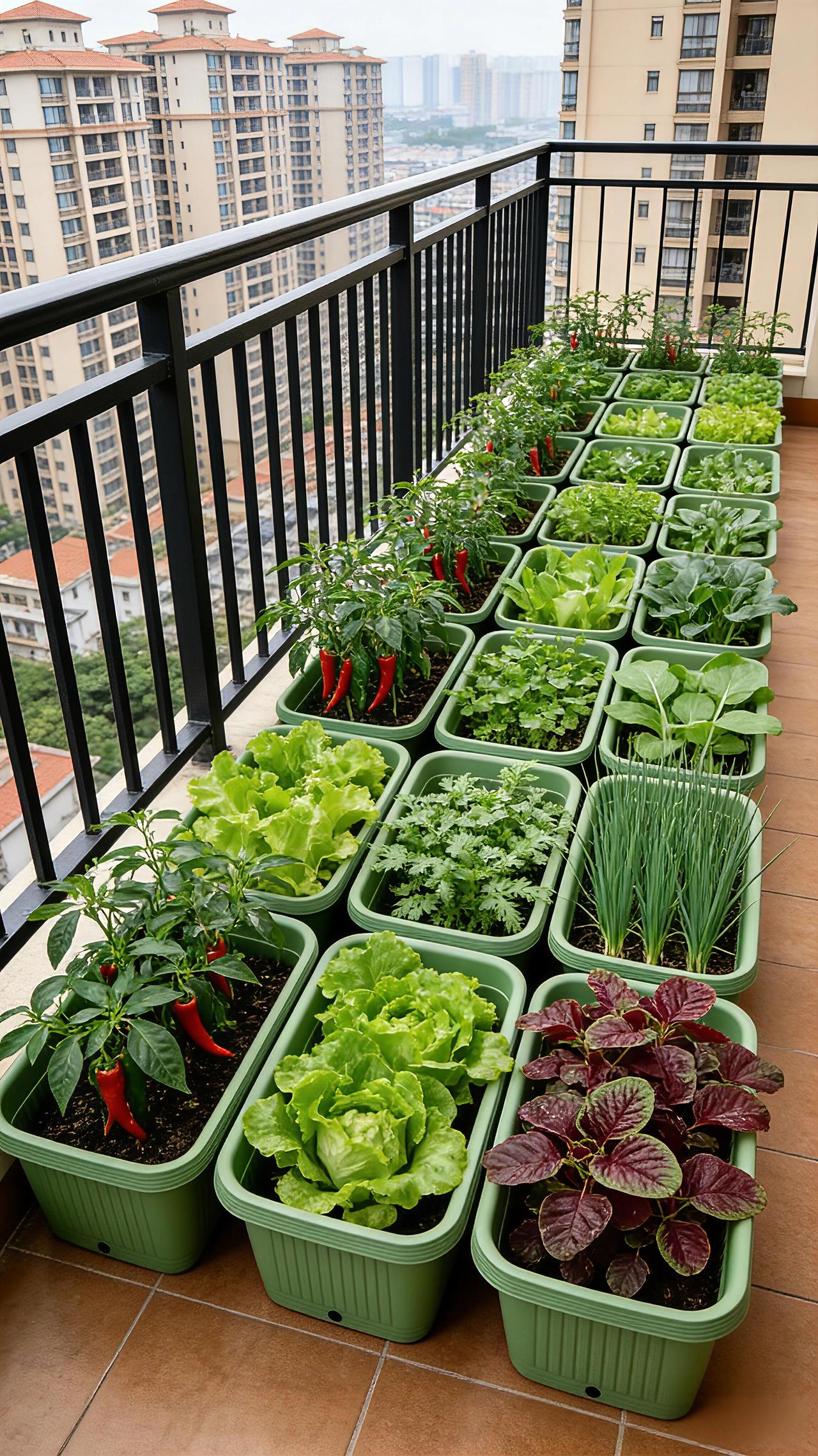 在阳台开辟一片小菜园，一年能省下好几千菜钱💰高层阳台摆上长条种植盆，辣椒、小