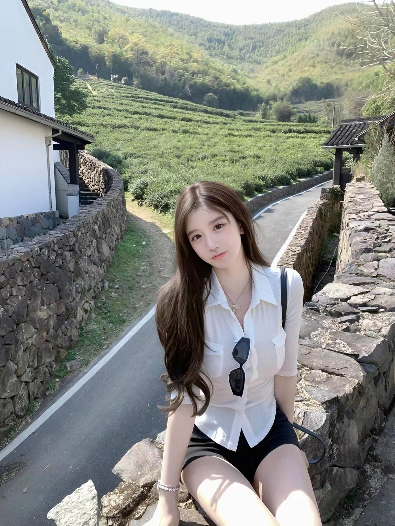 乡间小路遇美女，回眸一笑百媚生温柔甜美少女自然系少女