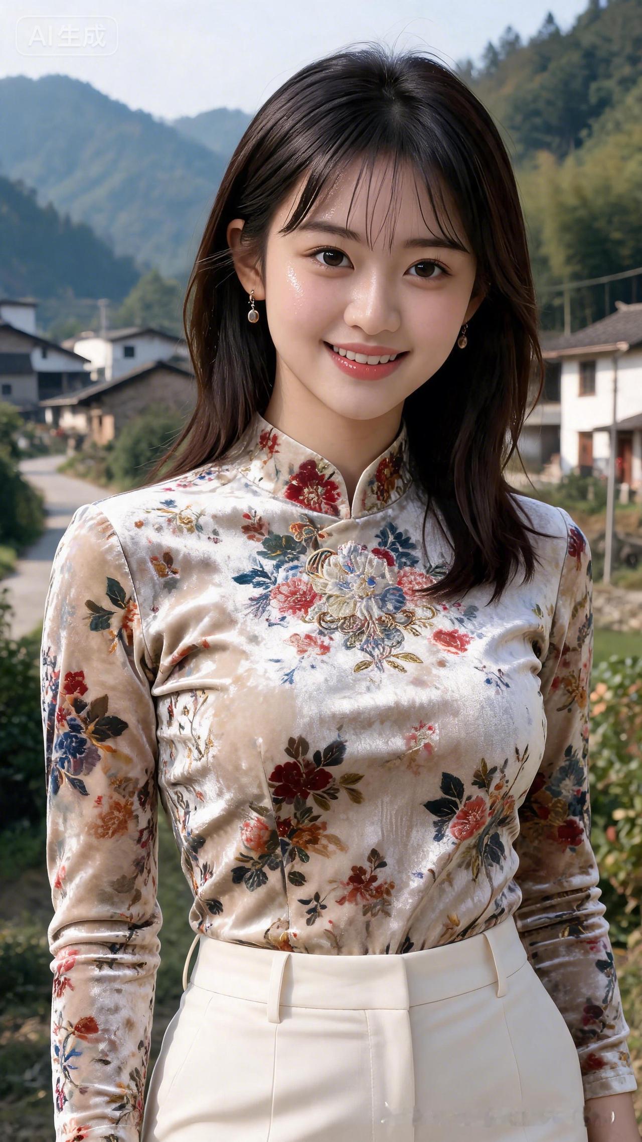 在山水间，感受传统与现代的碰撞，一袭花衣，尽显古典韵味。