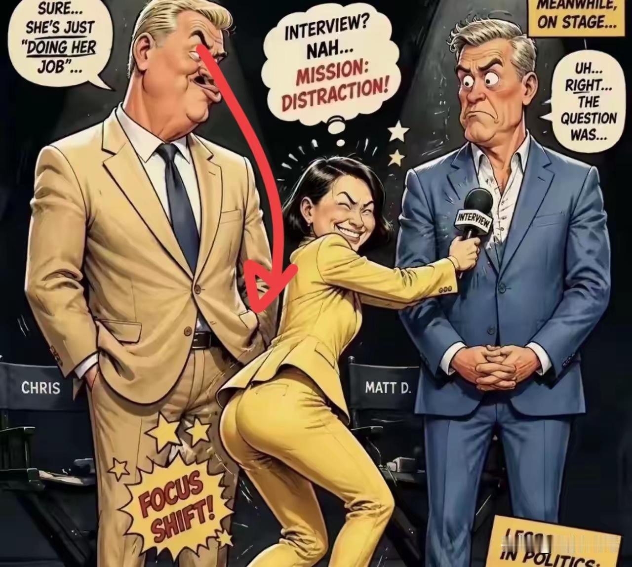 女主持人半蹲式下跪采访，满以为会讨得洋人欢心，令她万万没有想到的是，洋人非但十分
