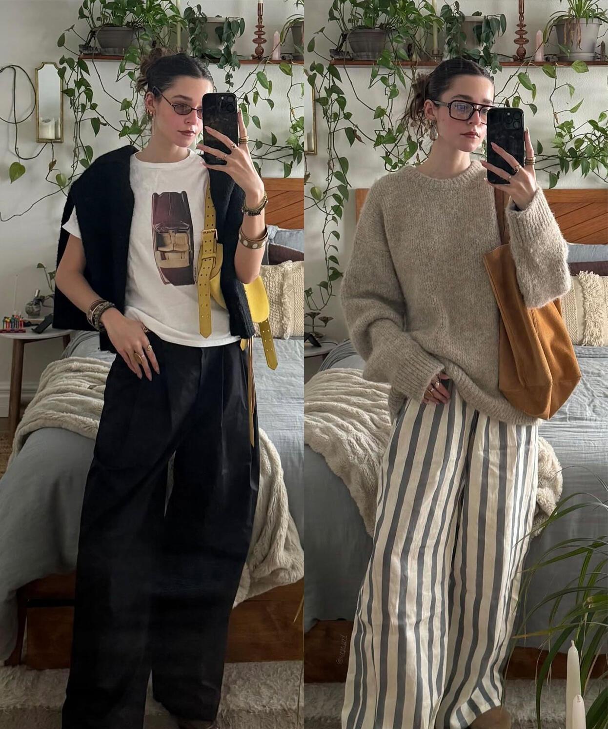 这组非常适合高个子女生！以宽松的阔腿裤为主，选择拖地的长度，搭配宽松的衬衫慵懒