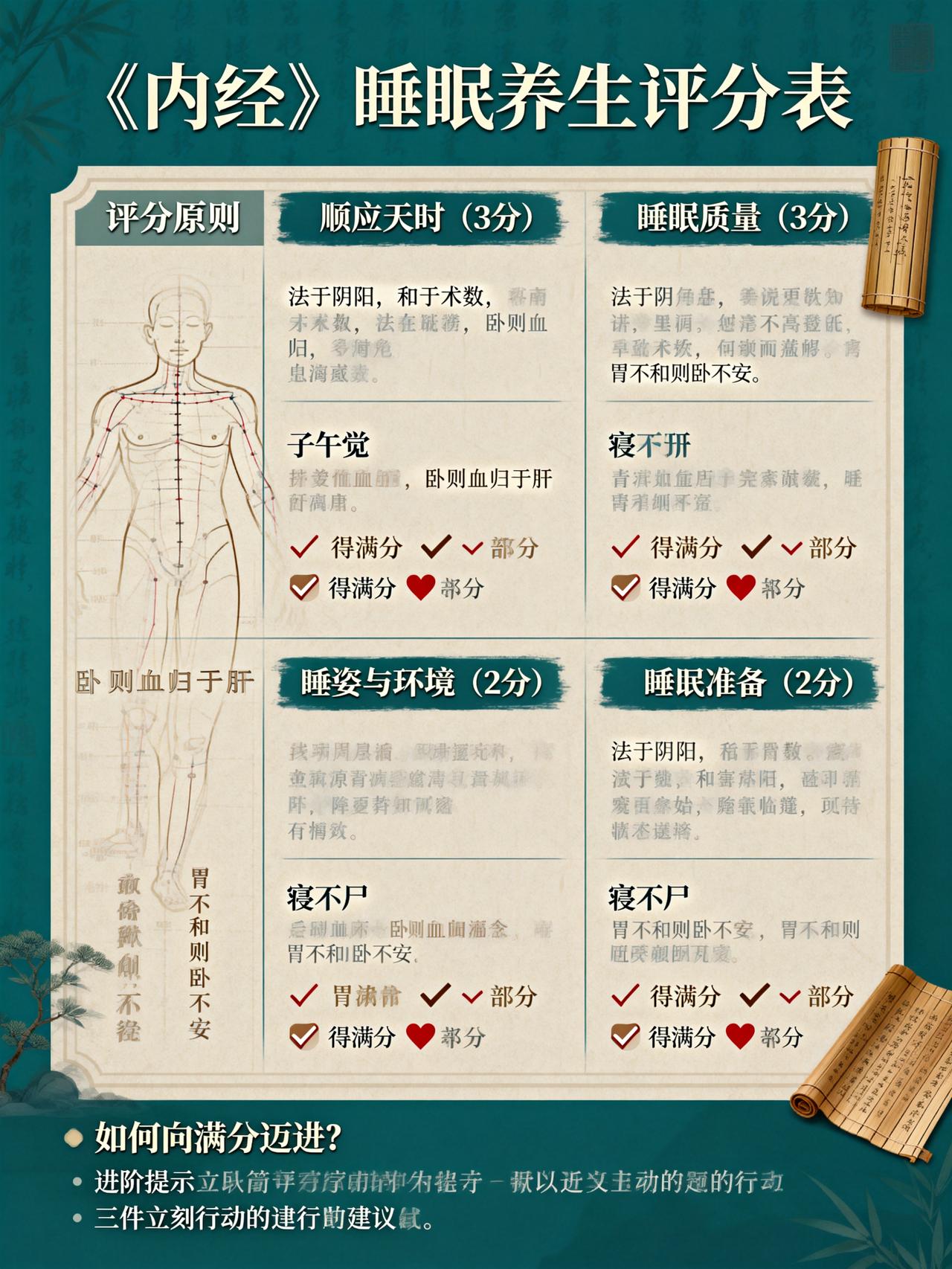 《内经》睡眠养生的核心原则（满分10分制）1.顺应天时：睡对时间（3分）要